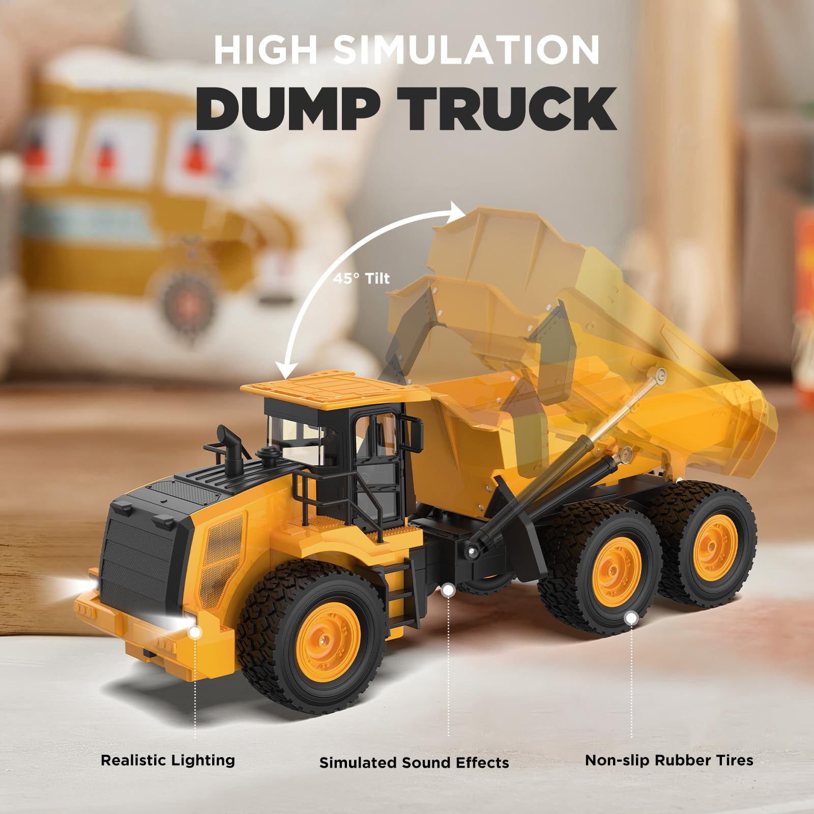 KIDDITOY Mighty RC dump truck front view with LED lights