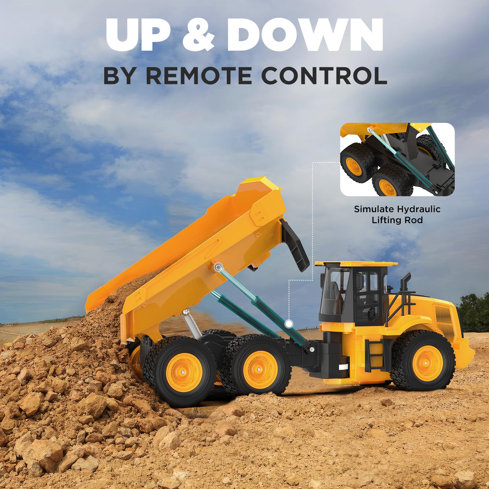 KIDDITOY Mighty RC dump truck right-side view showcasing durability