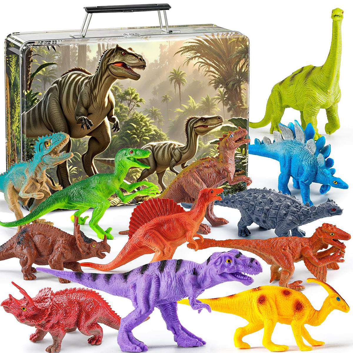 Kiddiworld dinosaur toy set inside a metal storage box for organized on-the-go play