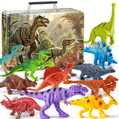 Kiddiworld dinosaur toy set inside a metal storage box for organized on-the-go play