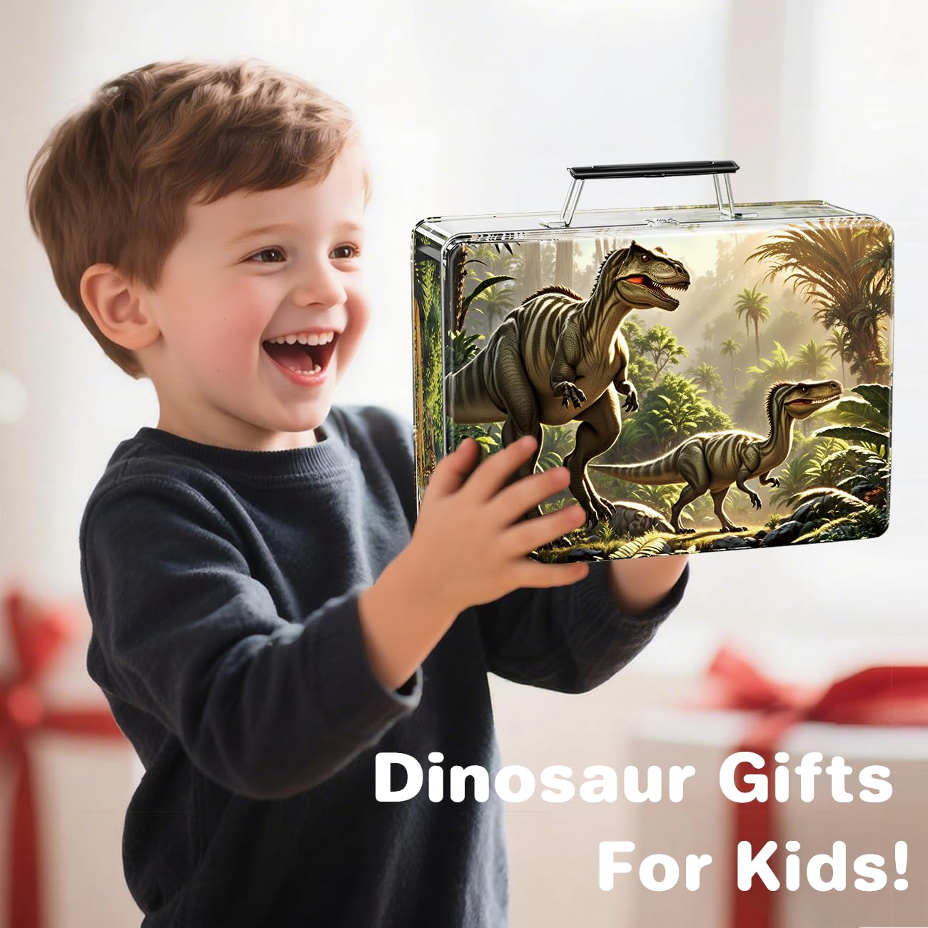 Kiddiworld metal storage box open with dinosaurs for easy access and organization