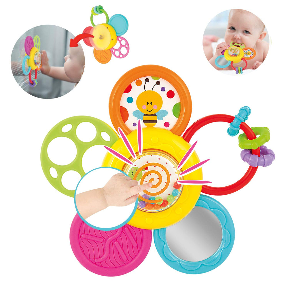KiddoLab teether shows bright colors and textures for visual and tactile exploration.