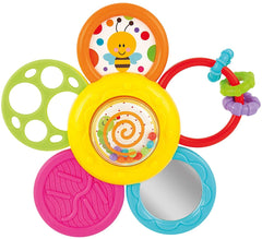 KiddoLab Spin and Rattle Teether flowers in motion for sensory play.