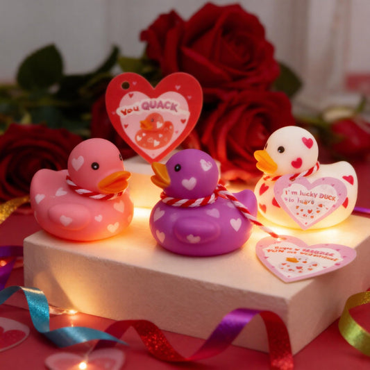 Kiddokids heart-pattern mini ducks add a cute touch to Valentine gifts.