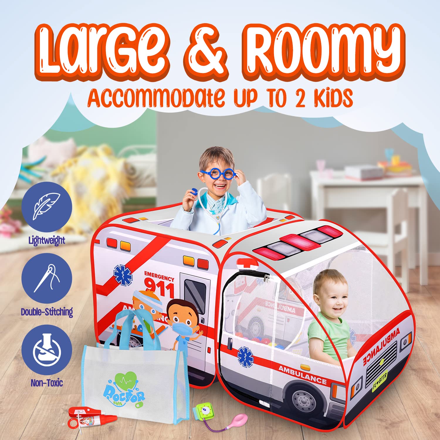 Kiddzery ambulance pop-up tent - doctor kit and tools for flexible play
