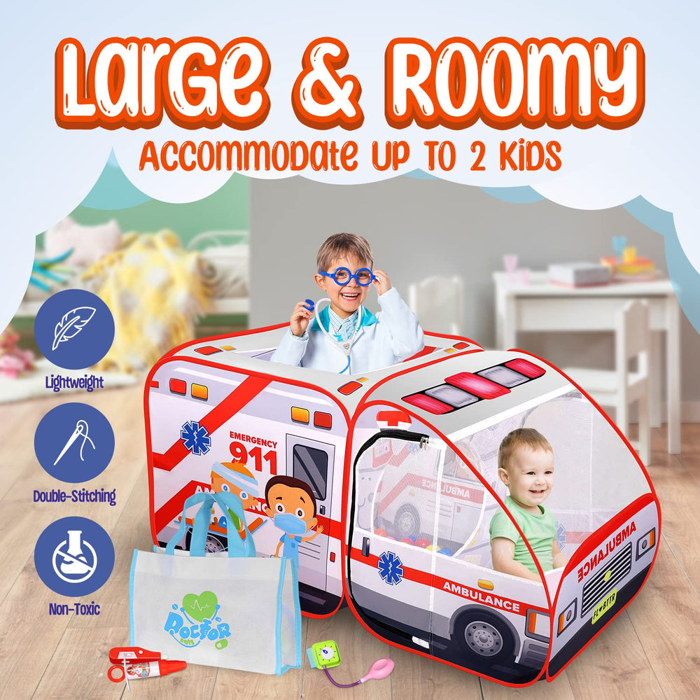 Kiddzery ambulance pop-up tent - doctor kit and tools for flexible play