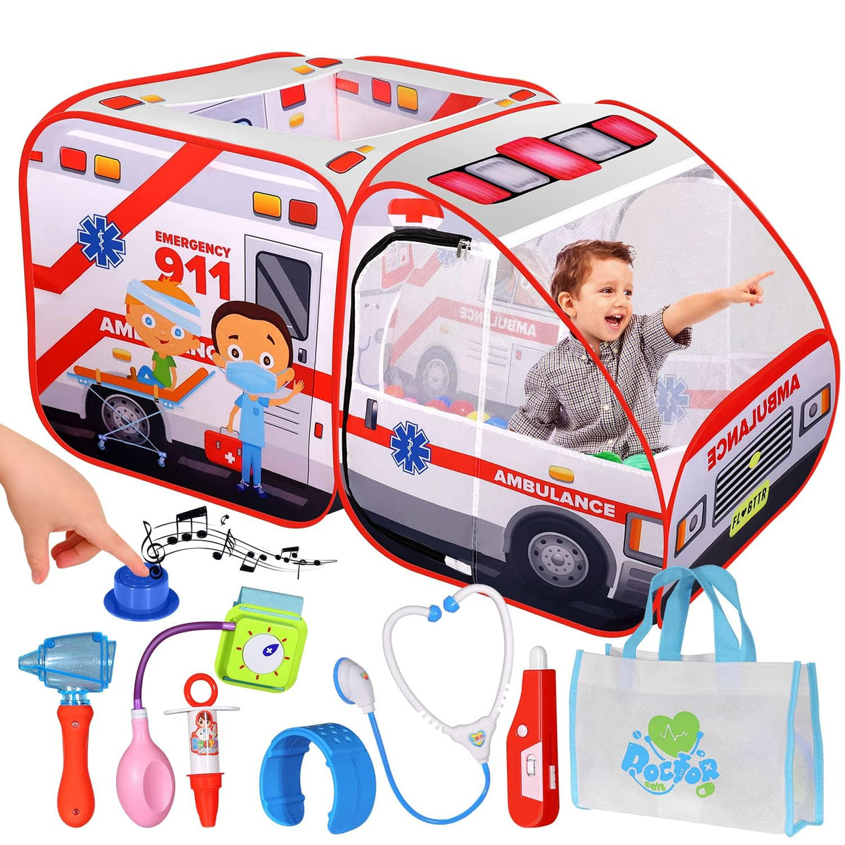 Kiddzery ambulance pop-up tent - front view, sparks imaginative medical role-play for kids