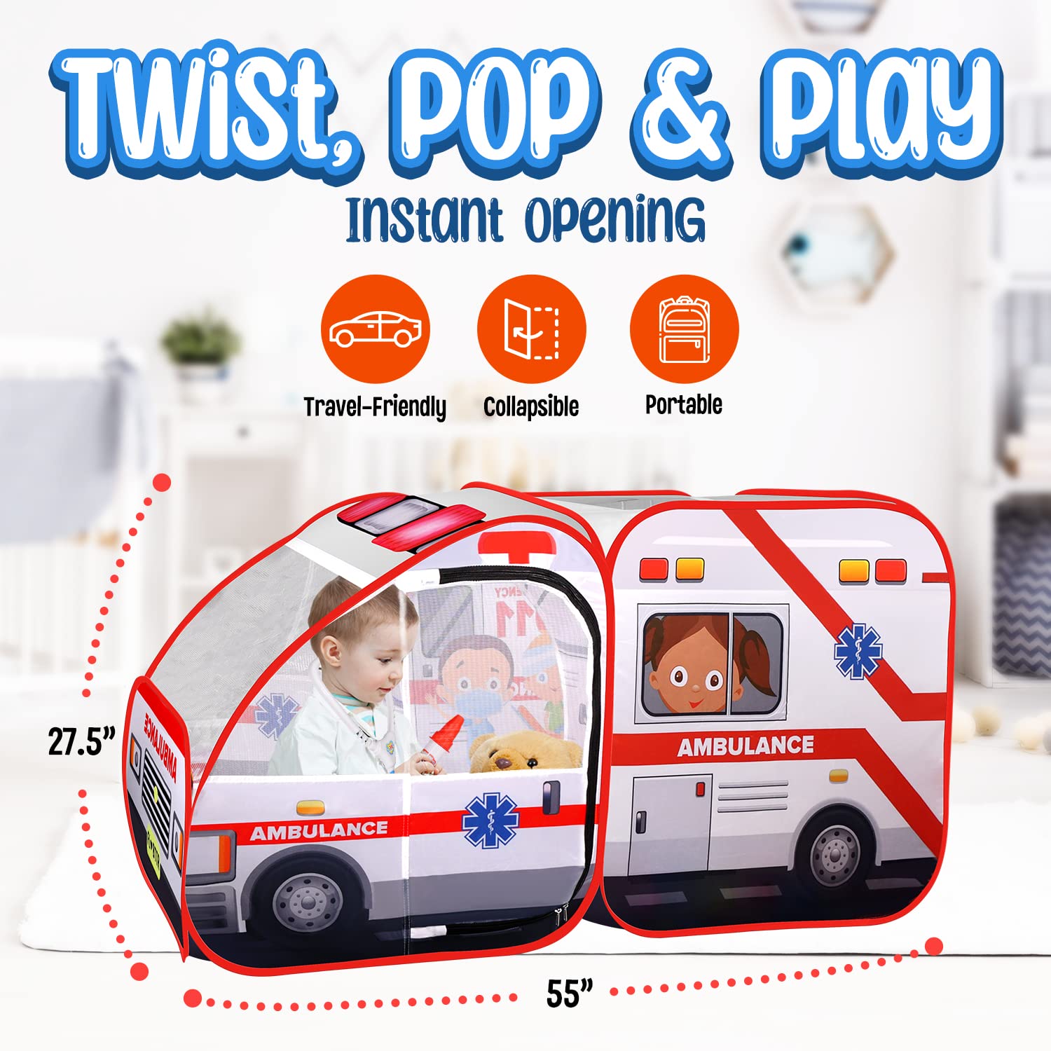 Kiddzery ambulance pop-up tent - rooftop opening, inspires quick, imaginative setup