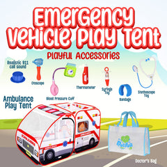 Kiddzery ambulance pop-up tent - side view, dual-side doors for easy pretend play