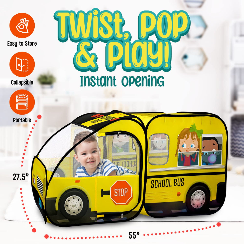 Kiddzery pop-up bus tent built-in poles speeds up setup for busy families.