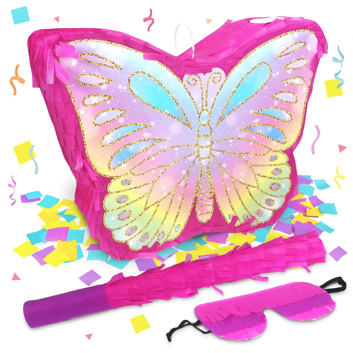 KiDEPOCH butterfly pinata with colorful paper design for butterfly-themed party decor.