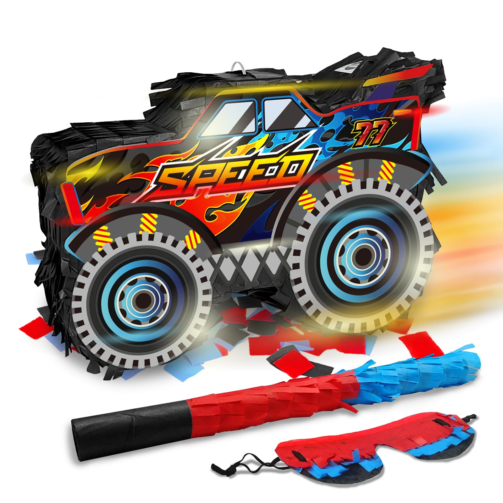 KiDEPOCH Monster Truck Pinata Car full view showing vibrant colors for party décor
