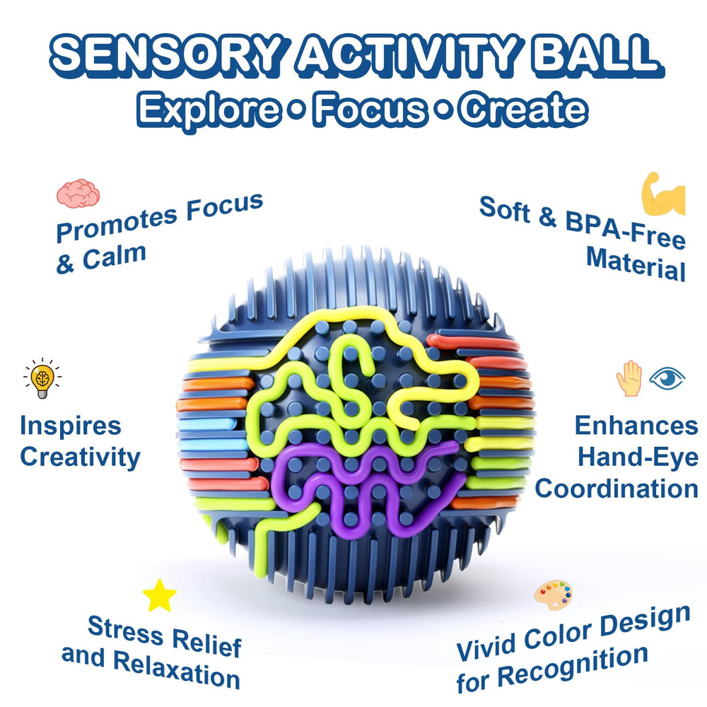 KIDHABE sensory-ball close-up shows tactile string textures for exploration.