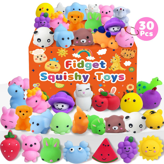 Kidific 30-pack squishy toys pack image showcasing assorted characters for classroom prizes.