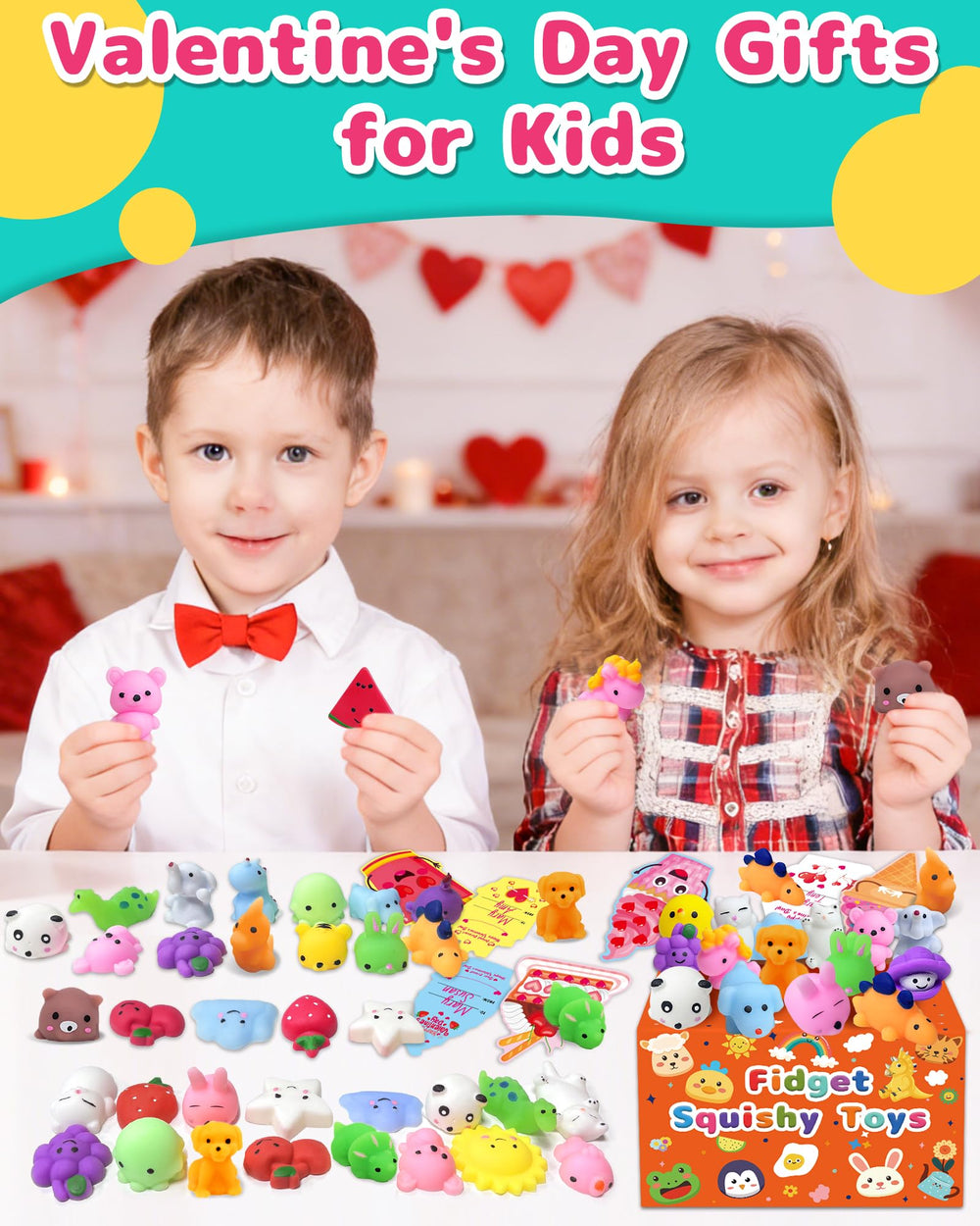 Kidific squishy toys display with animals and fruits for party favors and gifts.