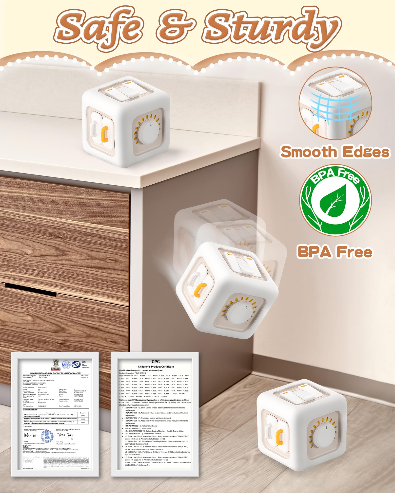 Kidific 6-in-1 Busy Cube knobs and sliders boost hand strength and coordination.