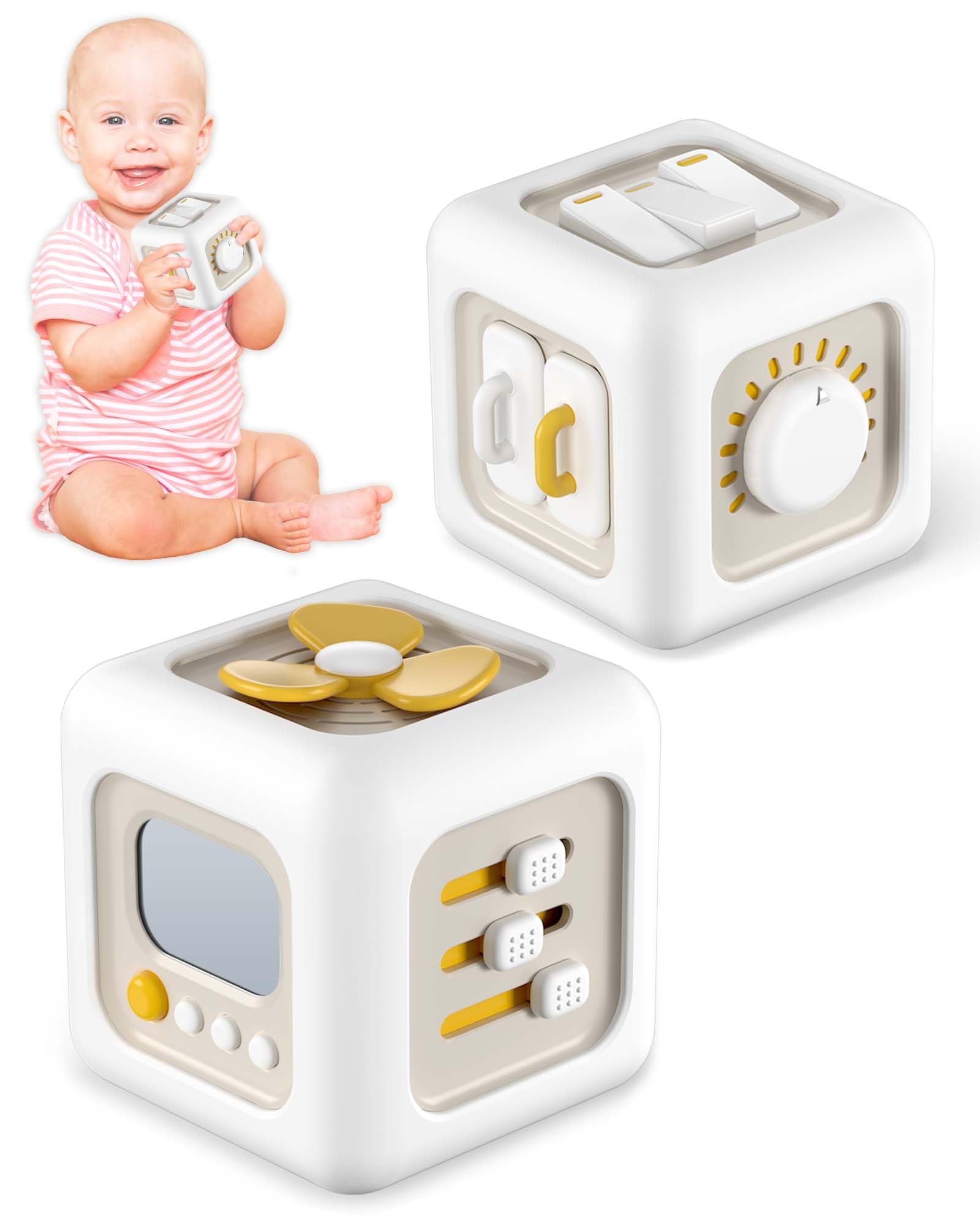 Kidific 6-in-1 Busy Cube spinning fan promotes fine motor exploration.