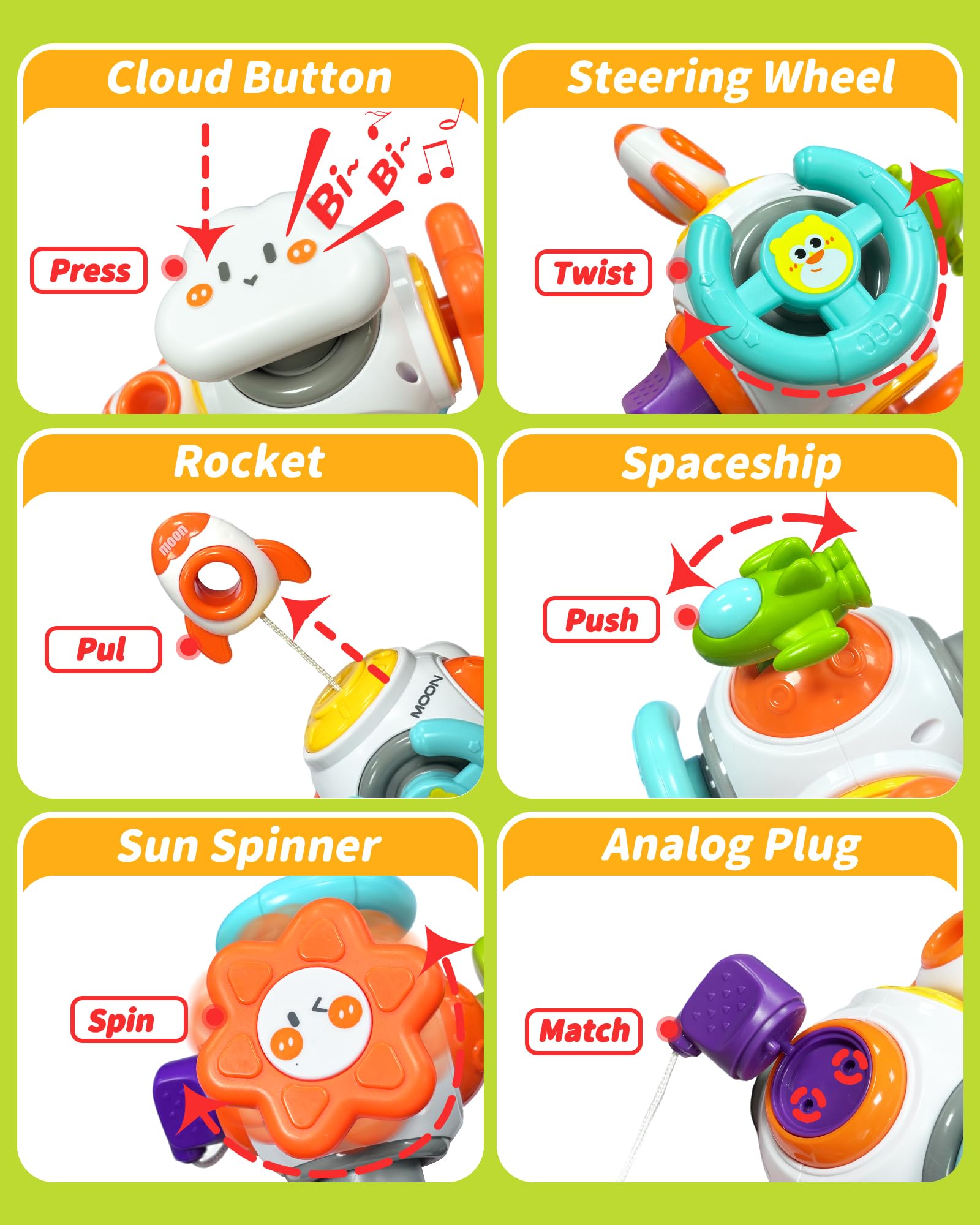 Kidific Busy Cube pushable spaceship enhances tactile exploration and imaginative play.