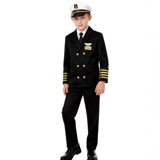 KIDIN Ship Captain uniform full outfit on child, ideal for school performances.