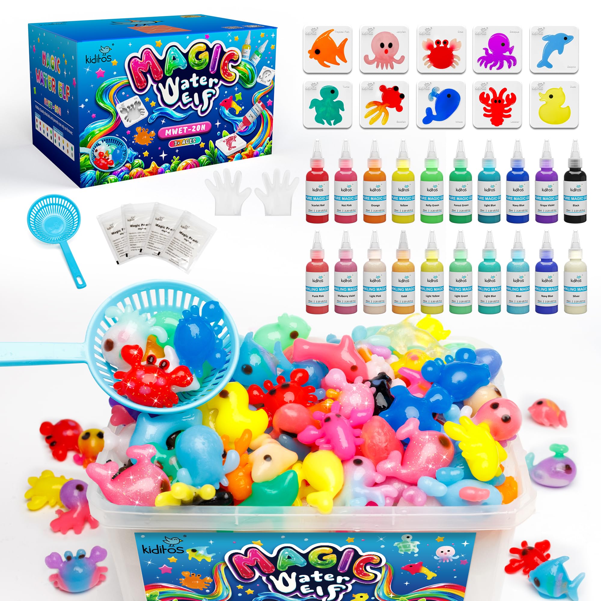 Kiditos Magic Water Elf Toy Kit contents showcase vibrant sea creature molds and gels for creative play.