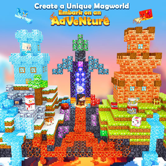 Kidiyee magnetic blocks assemble forest and lava scenes for hands-on learning.
