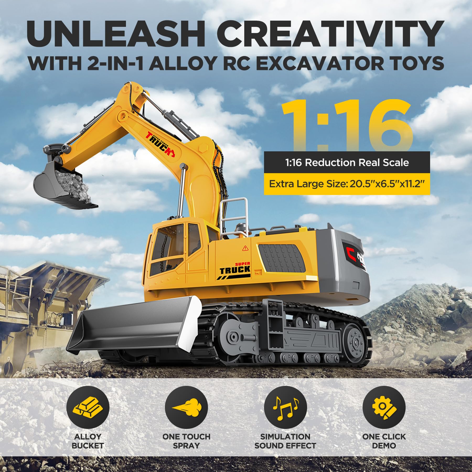 KIDMARKT excavator with dozer blade shows rugged metal build