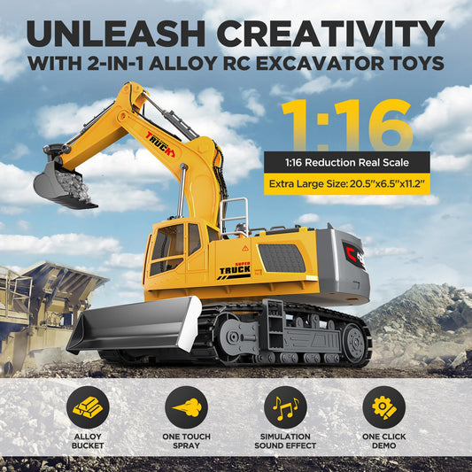 KIDMARKT excavator with dozer blade shows rugged metal build