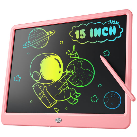 Kidopire 15-inch LCD writing tablet pink front showing spacious drawing area.
