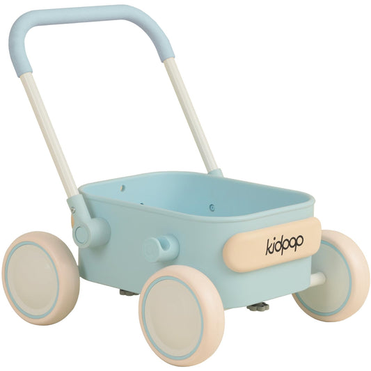 Kidpop PULA blue wagon shown indoors and outdoors for first mobility.