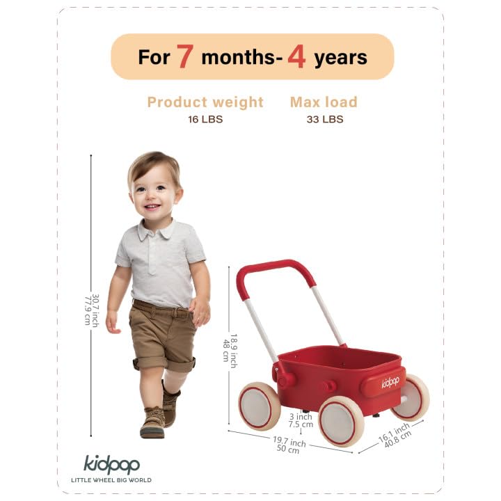 Kidpop PULA walker side view highlights sturdy wheels for indoor and outdoor rolling.