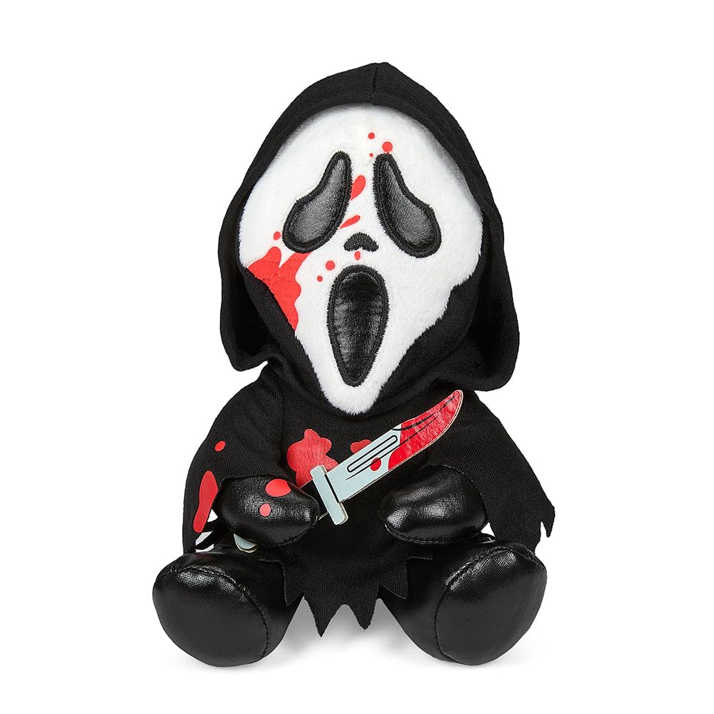 Kidrobot Bloody Ghost Face Phunny Plush front view, cuddly collectible for fans.