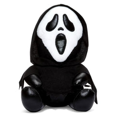 Kidrobot Ghost Face 8-Inch Phunny plush in seated pose, perfect for spooky shelf decor.