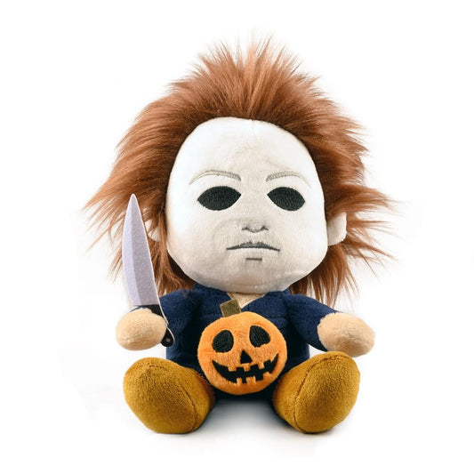 Kidrobot Michael Myers Plush 8in sitting—compact horror decor for Halloween shelves