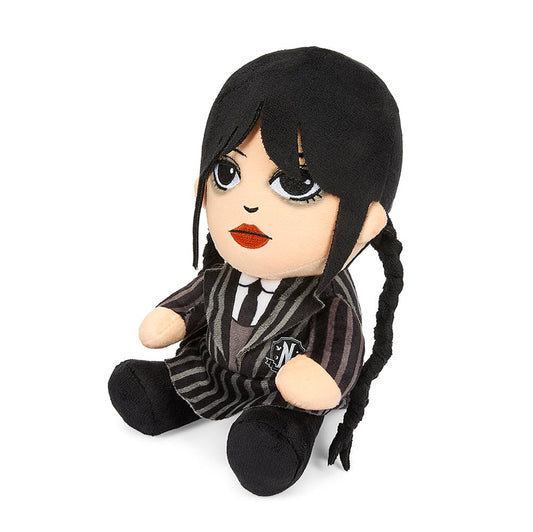 Kidrobot Wednesday Phunny Plush closeup face, detailed stitching and licensed design.