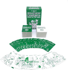 Game components laid out including blue question cards and white answers