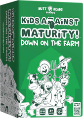Kids Against Maturity Farm Edition packaging shows a portable box for on-the-go family fun
