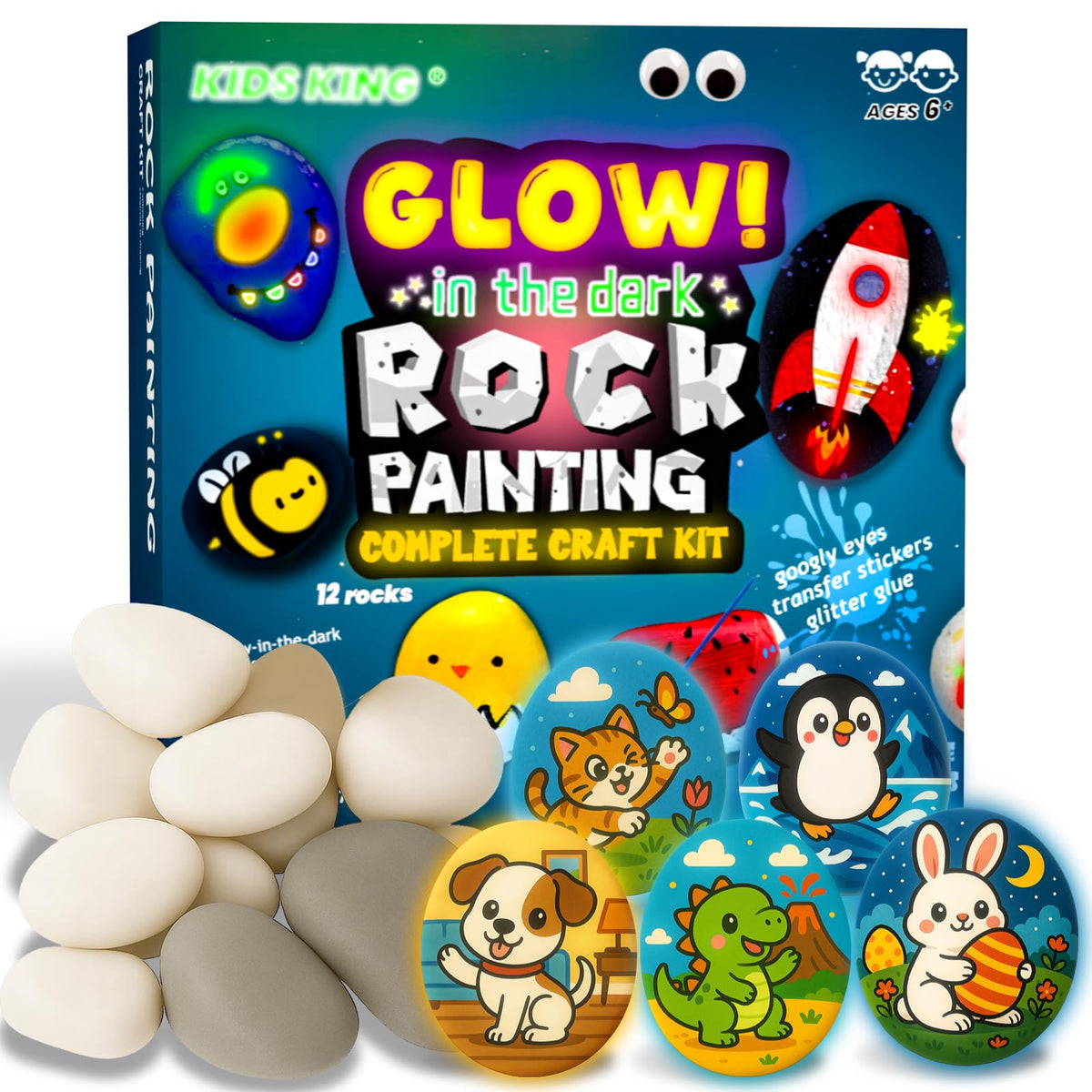 Kids King glow rock painting kit rocks provide sturdy canvases for creative designs.