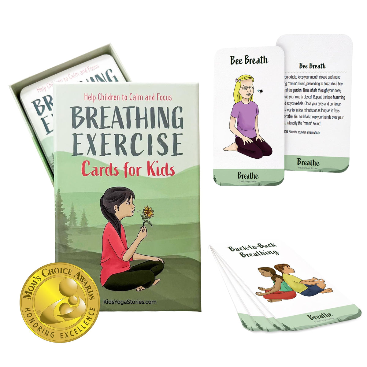 Kids Yoga Stories breathing card poses: colorful illustrations guiding calm breathing and focus.
