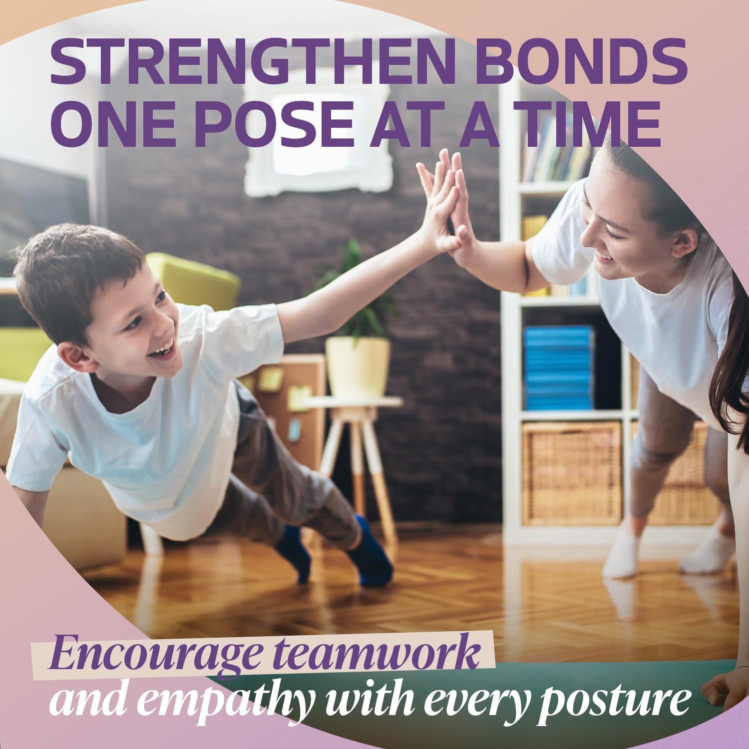 Kids Yoga Stories dual-pose card illustrates teamwork and mindful stretching.
