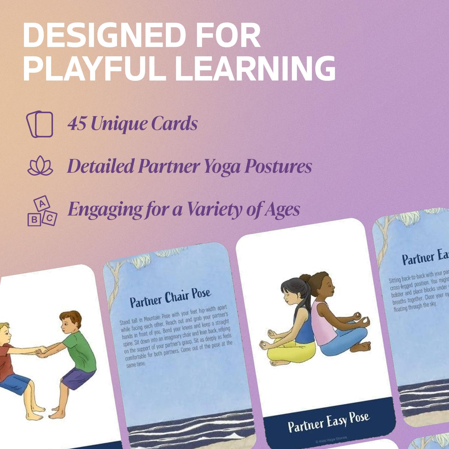 Kids Yoga Stories partner stretch card guides safe two-person poses for kids.