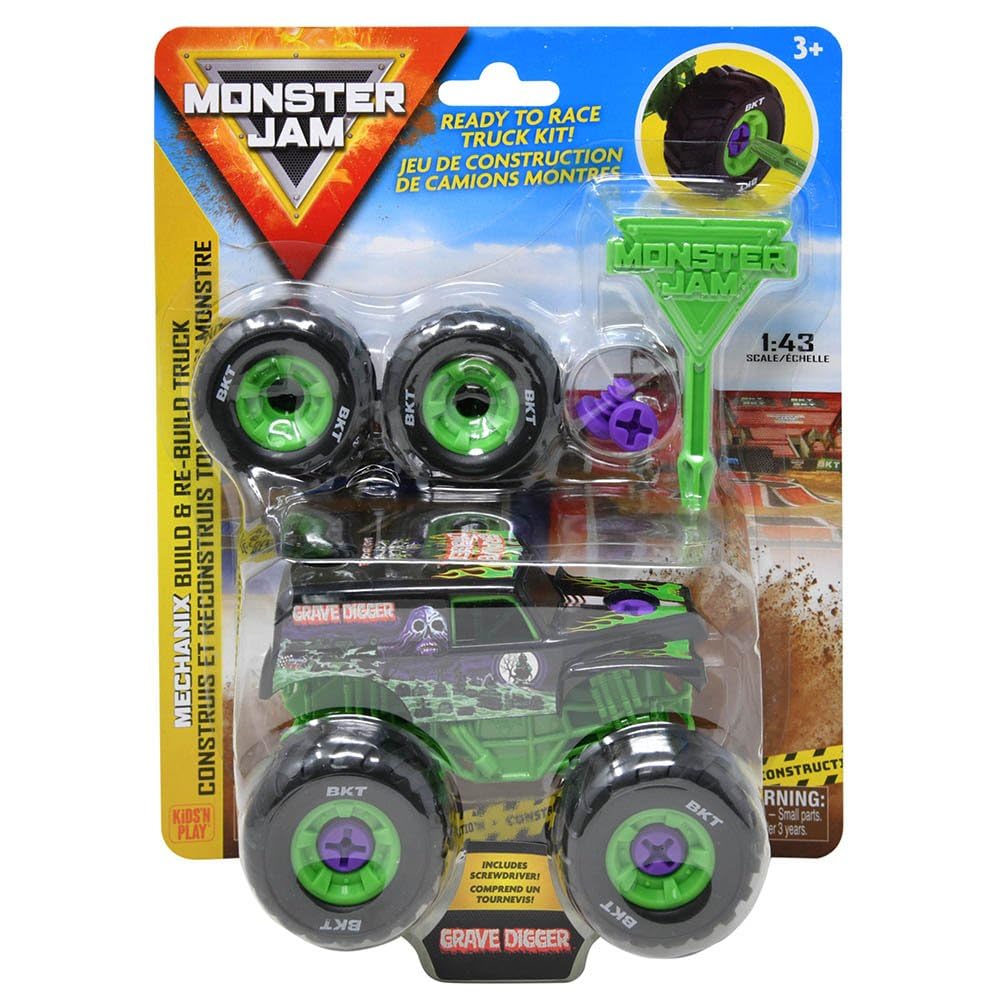 KiDS'N PLAY Grave Digger buildable truck front view with authentic graphics for immersive play.