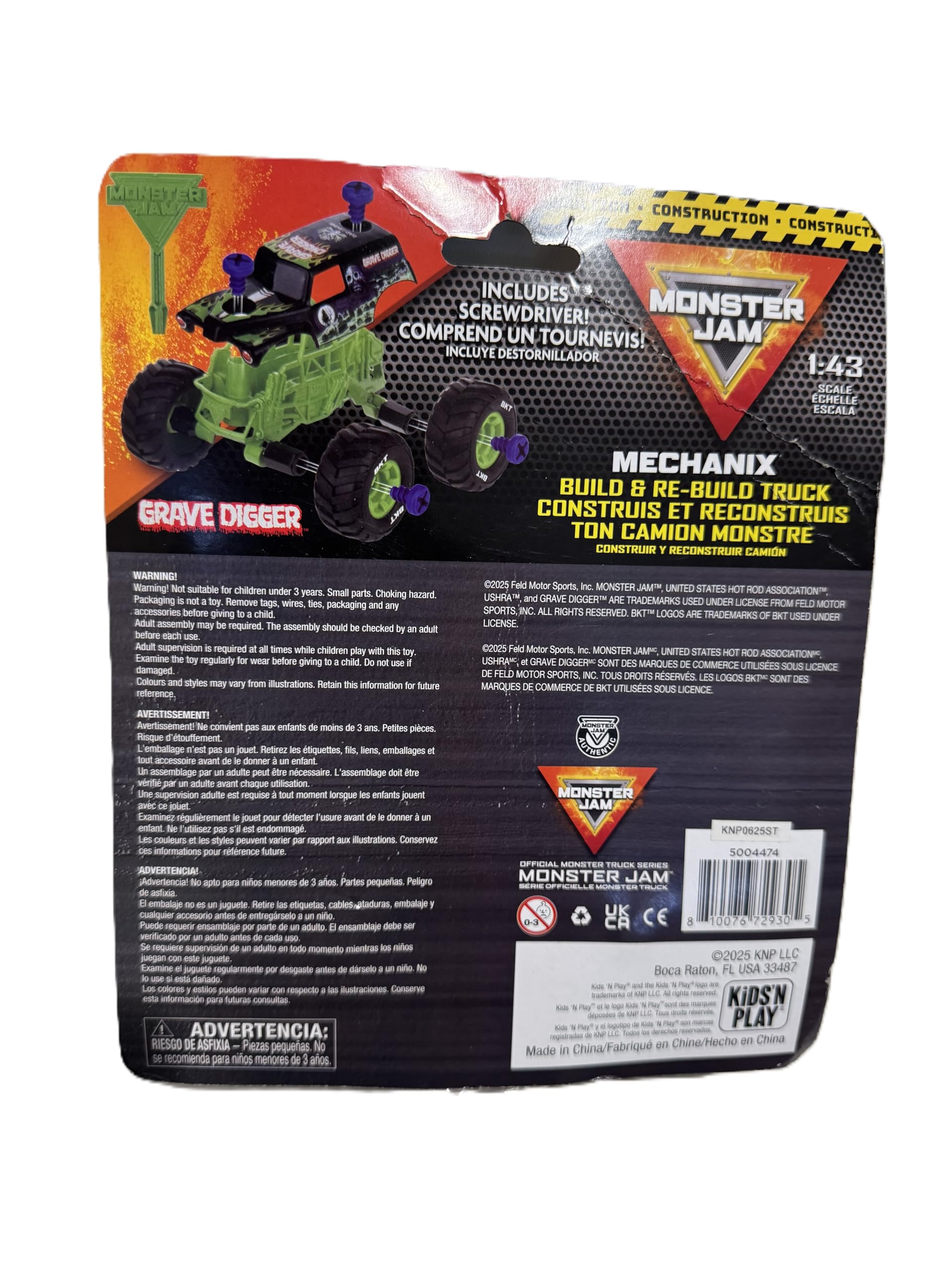 KiDS'N PLAY Grave Digger build kit shows tires and graphics for realistic Monster Jam action.