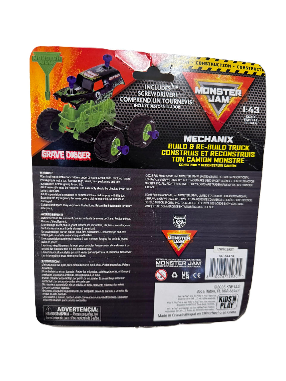 KiDS'N PLAY Grave Digger build kit shows tires and graphics for realistic Monster Jam action.