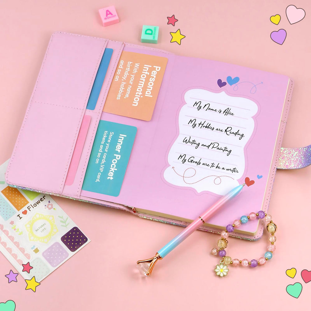Kidsord diary front flap for personal info helps organize hobbies and goals.