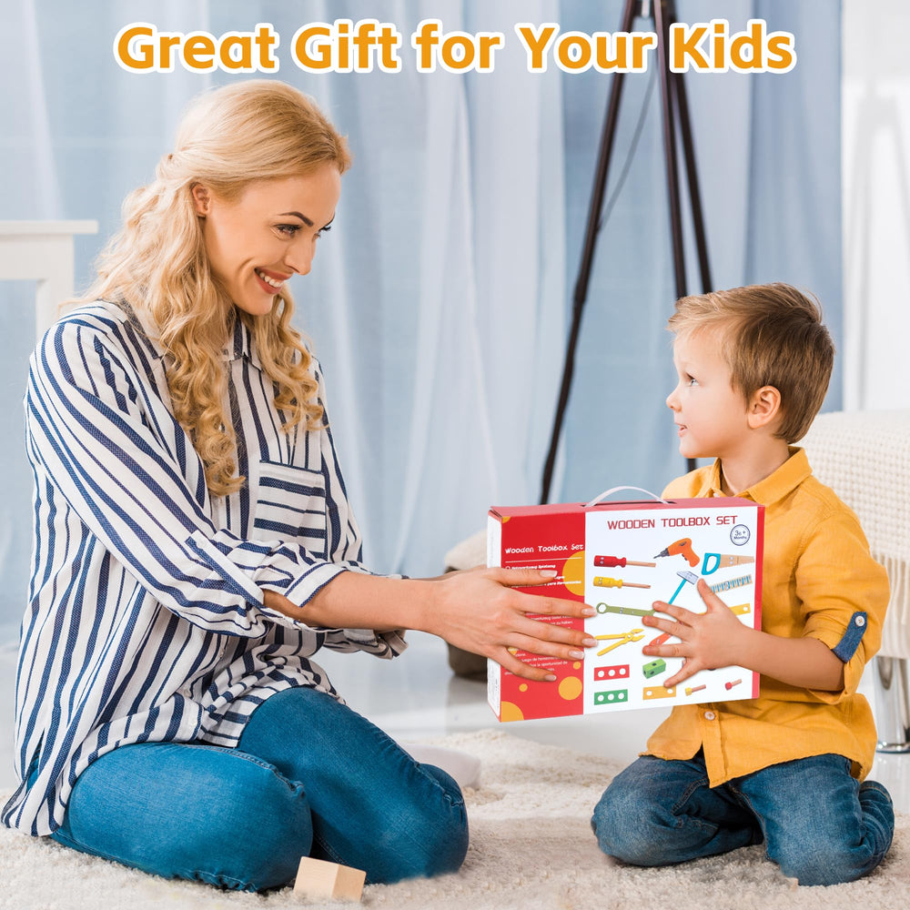 KIDWILL sturdy wooden toolbox keeps tools organized after playtime.