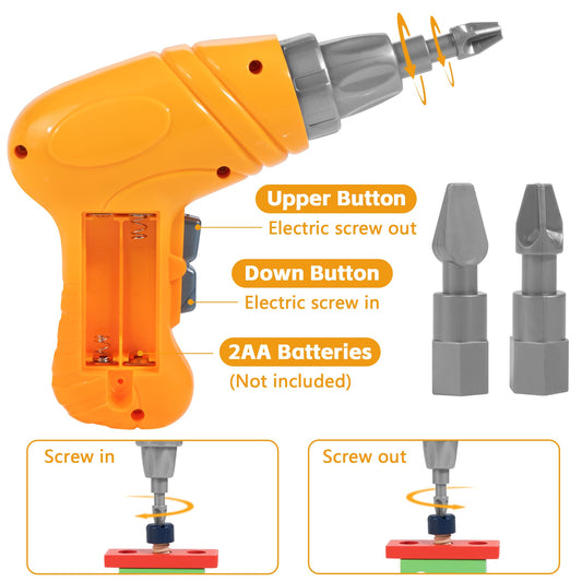 KIDWILL drill bits shown with the real-working drill, encouraging authentic construction play.