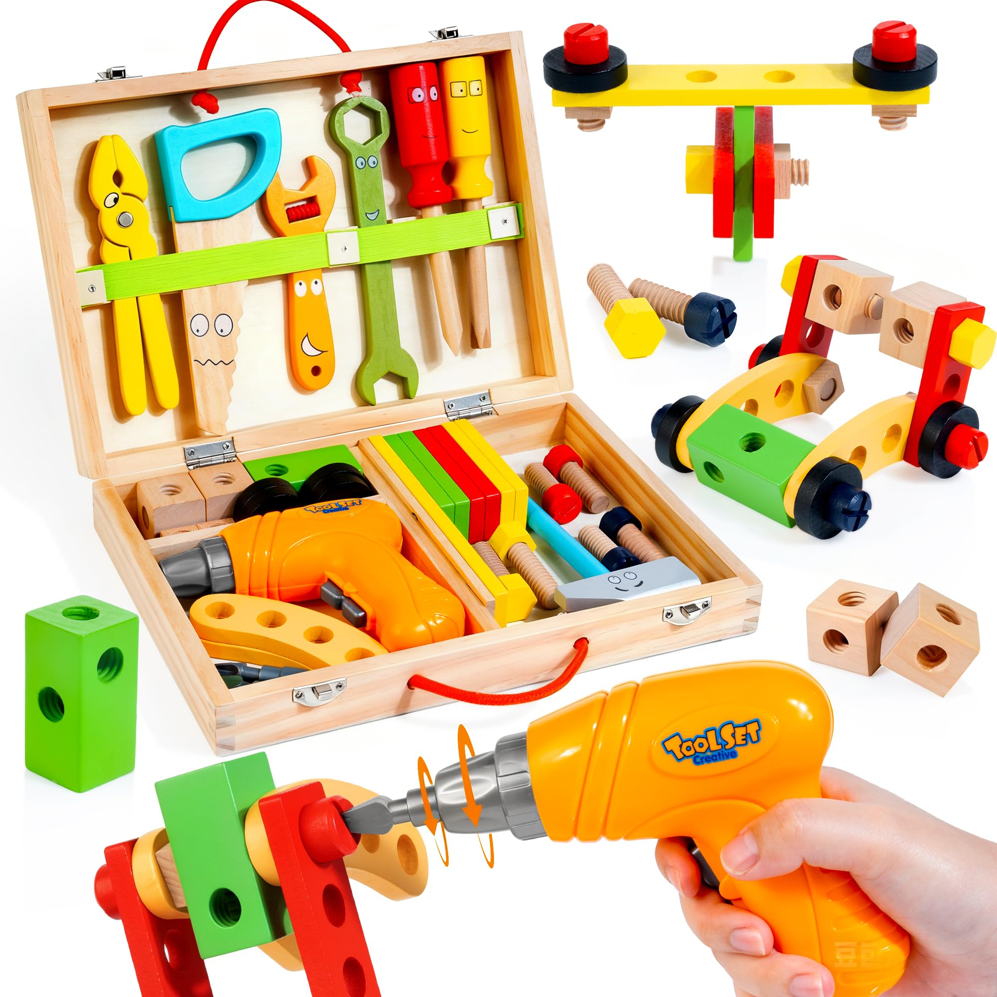 KIDWILL wooden toolbox and electric drill for kids, fostering pretend play and organization.