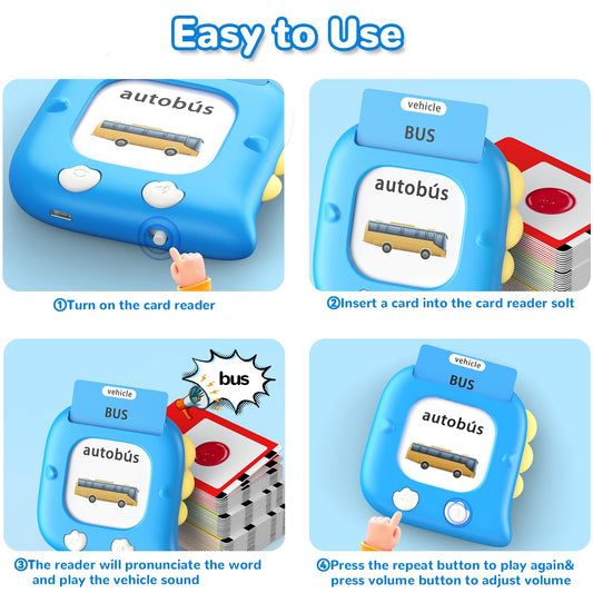 Kidzdo 520 bilingual flash cards featuring vehicles for interactive learning sessions.