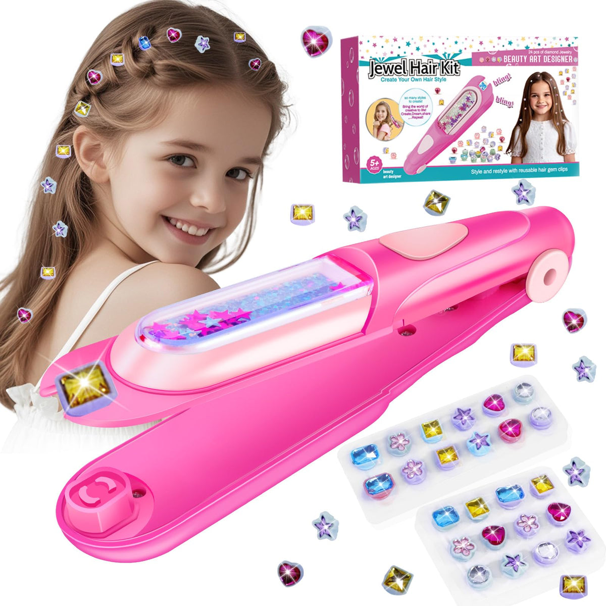 KidzKube Hair Gem Stamper Kit in pink with sparkling gems for easy at-home styling