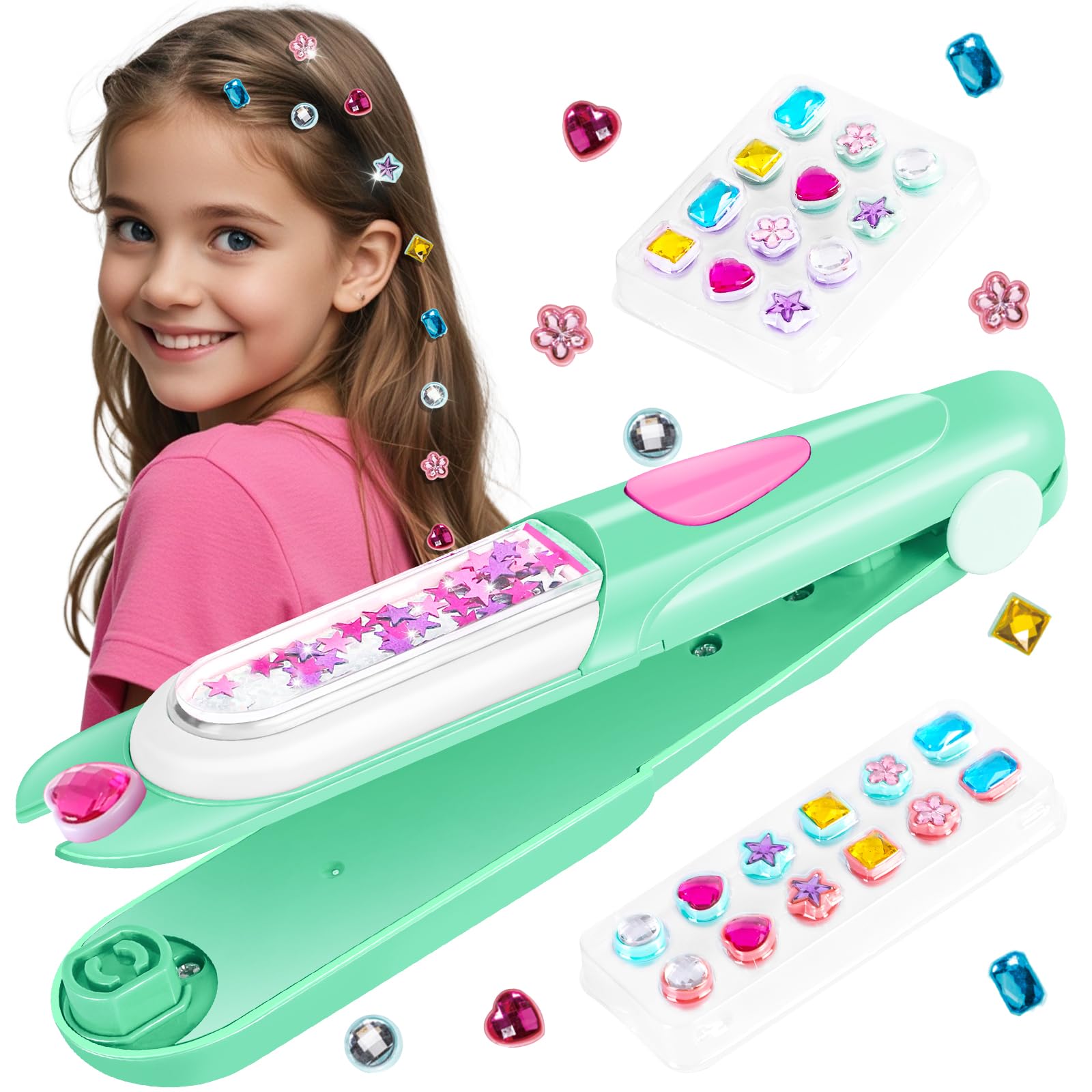 Kidzkube hair gem stamper tool with green gems for playful styling.